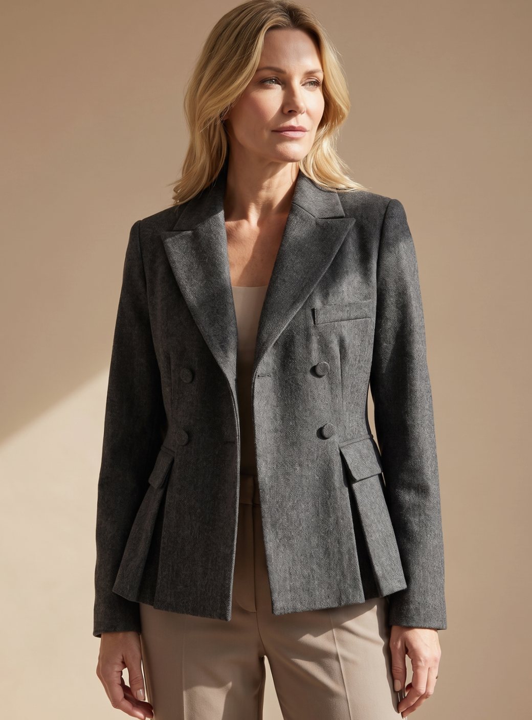 Women Double-Breasted Peplum Blazer Notch Lapel - Image 2