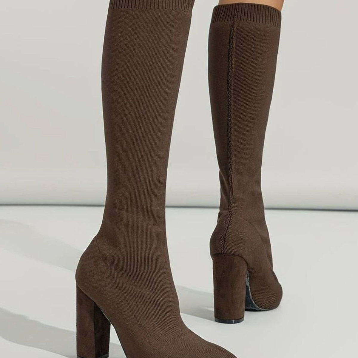 Women's Stretch Knit Knee High Sock Boots Block Heel Pointed Toe - Image 11
