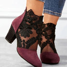Women's Lace Embroidered Block Heel Pointed Toe Ankle Boots