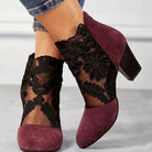 Women's Lace Embroidered Block Heel Pointed Toe Ankle Boots - Image 2