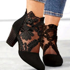 Women's Lace Embroidered Block Heel Pointed Toe Ankle Boots - Image 3
