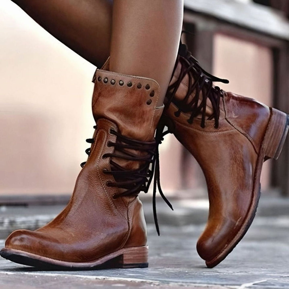 Women Faux Leather Western Ankle Boots Lace-Up Block Heel - Image 2