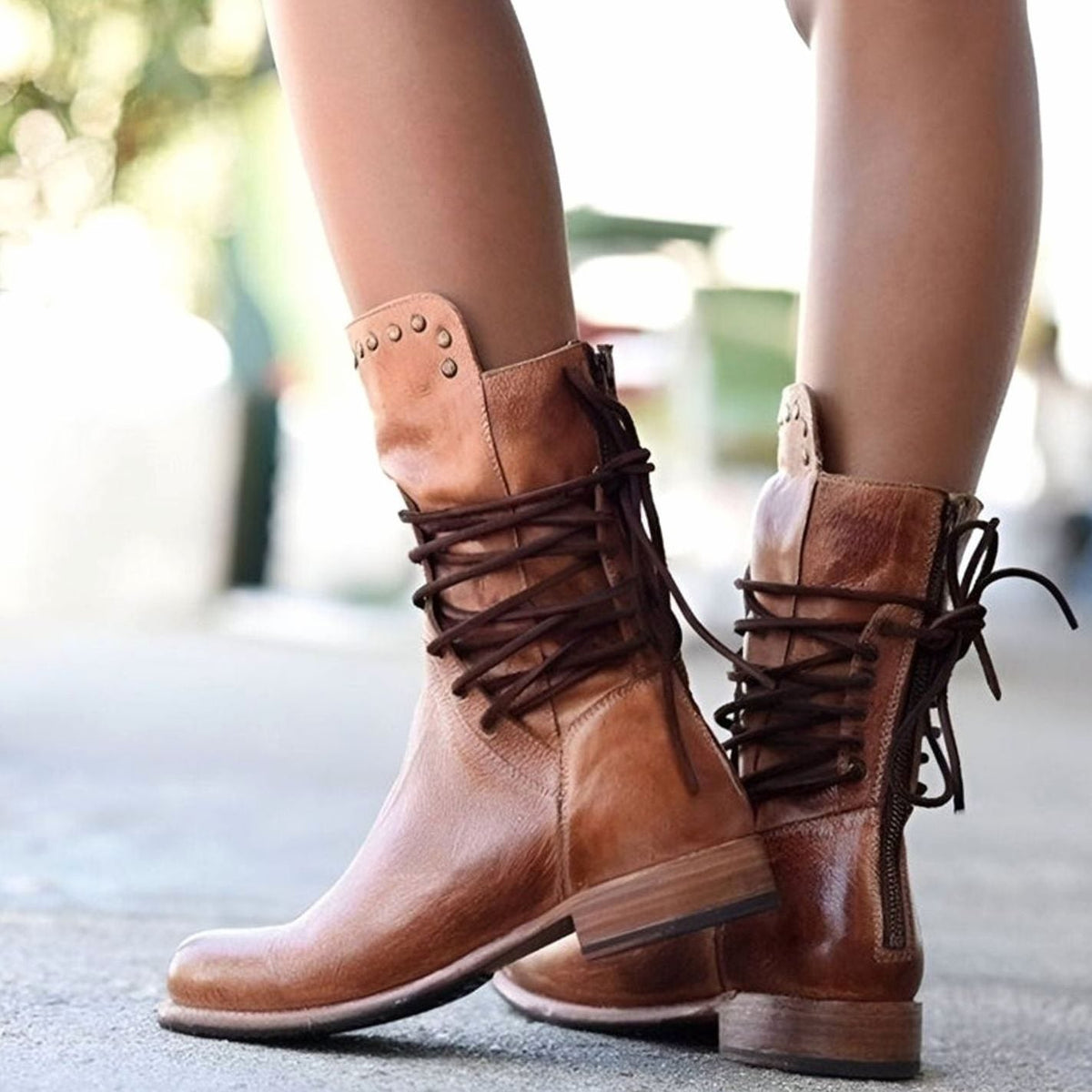 Women Faux Leather Western Ankle Boots Lace-Up Block Heel - Image 4