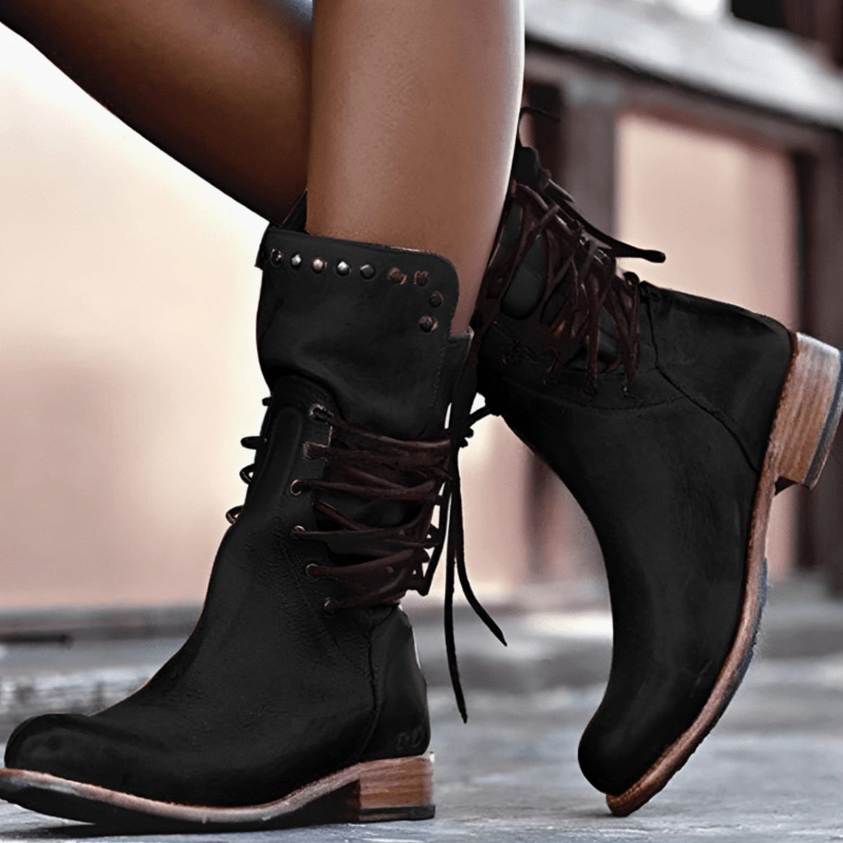 Women Faux Leather Western Ankle Boots Lace-Up Block Heel - Image 6