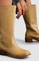 Women Genuine Leather Stacked Heel Knee High Boots