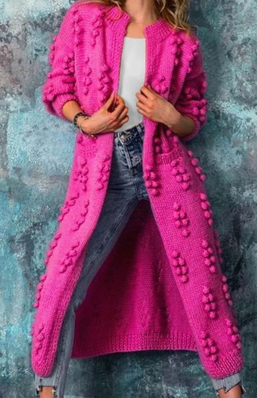 Women's Long Open Front Pom-Pom Knit Cardigan Oversized Maxi - Image 2