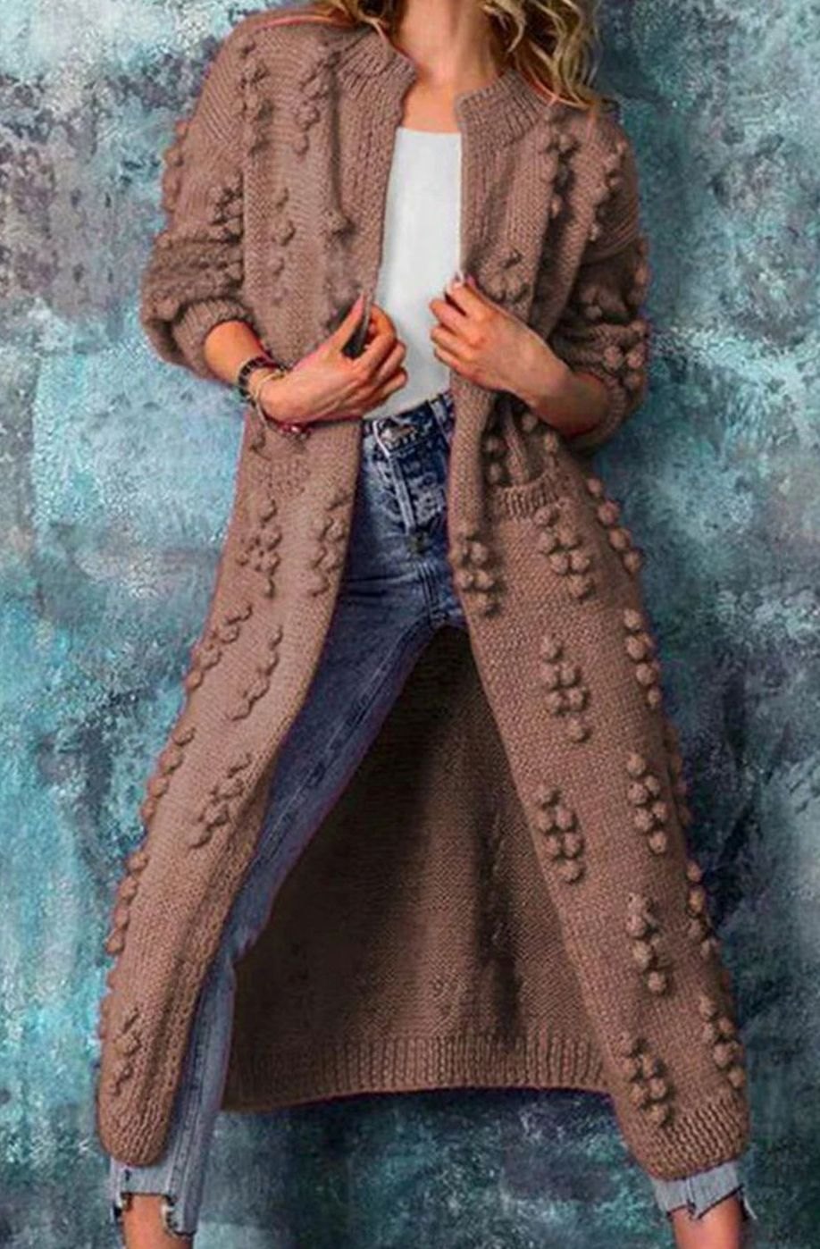 Women's Long Open Front Pom-Pom Knit Cardigan Oversized Maxi - Image 4