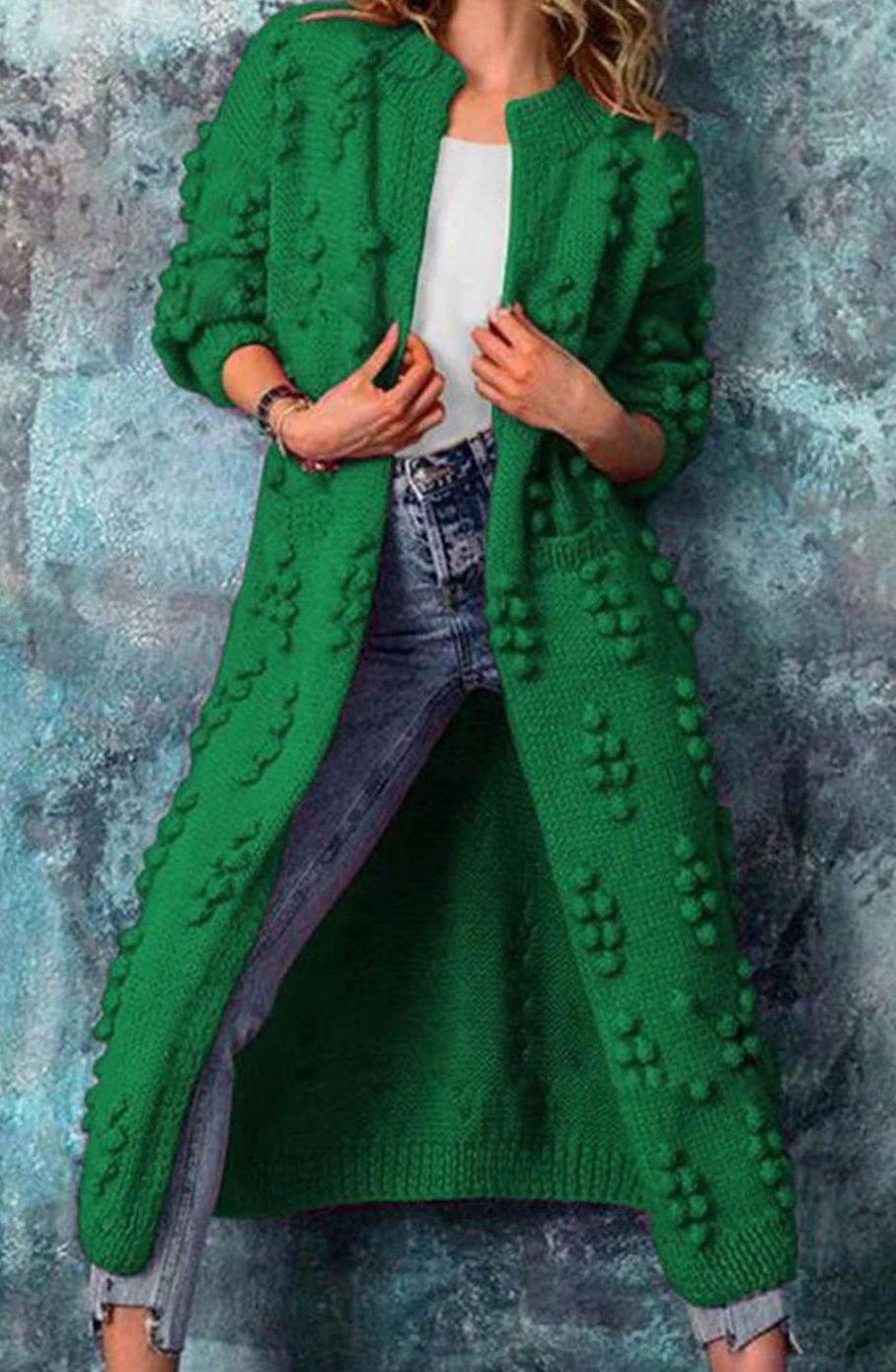 Women's Long Open Front Pom-Pom Knit Cardigan Oversized Maxi - Image 7