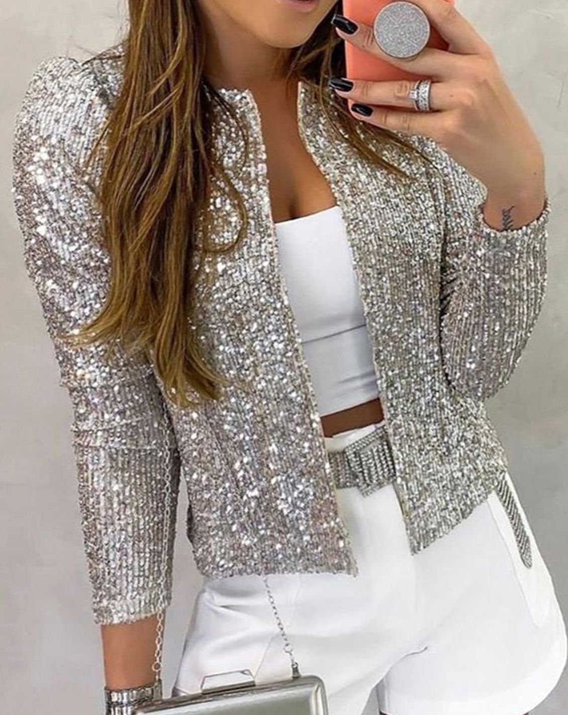 Women's Sequin Party Blazer Open Front Cropped Sparkle - Image 4