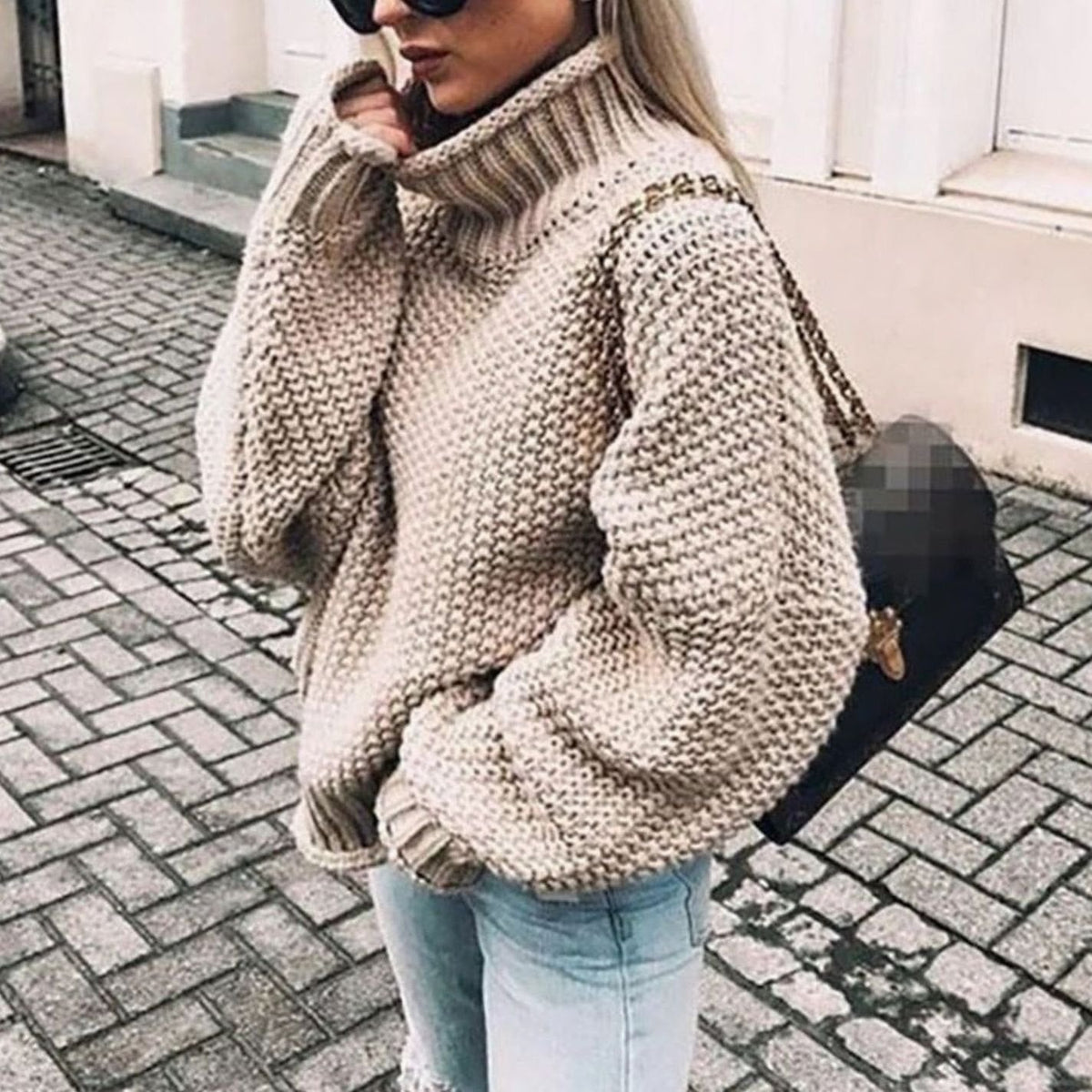 Women Oversized Chunky Knit Turtleneck Sweater Ribbed Pullover