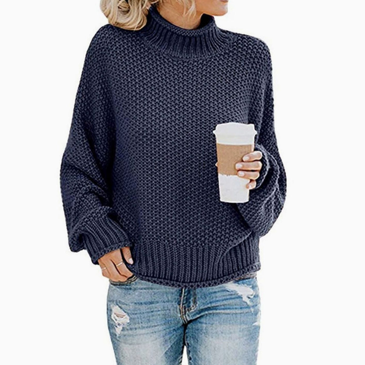 Women Oversized Chunky Knit Turtleneck Sweater Ribbed Pullover - Image 9