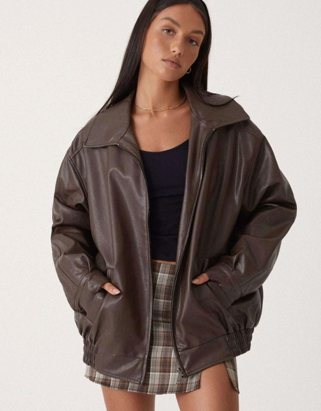 Women's Oversized Faux Leather Bomber Jacket Zip-Up