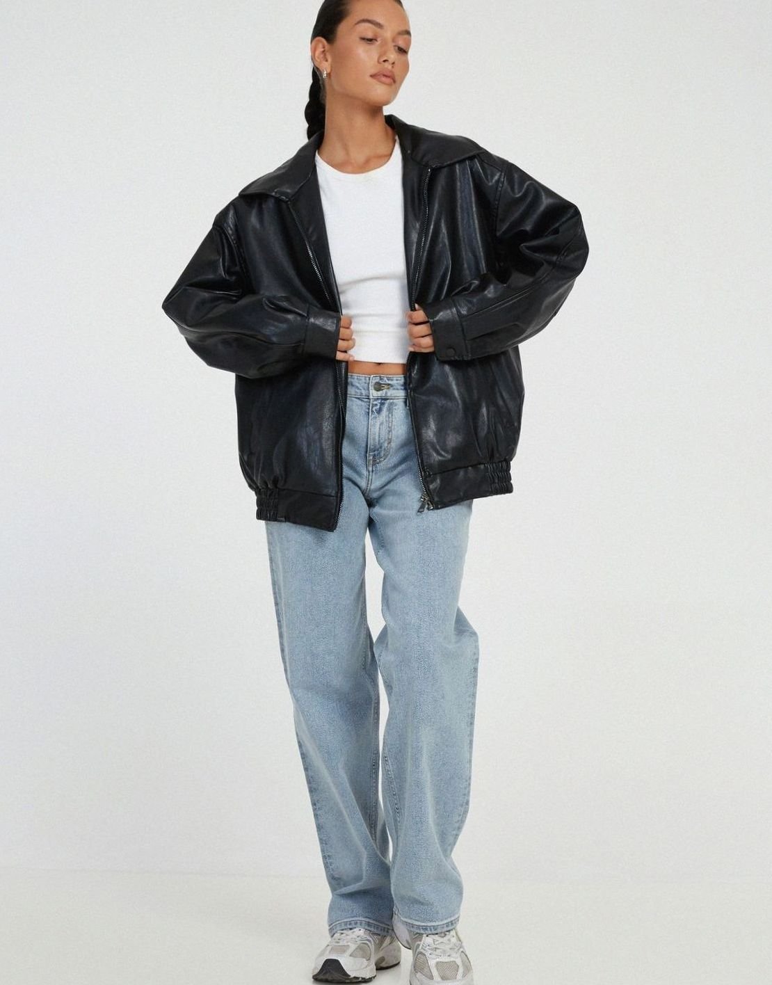 Women's Oversized Faux Leather Bomber Jacket Zip-Up - Image 5
