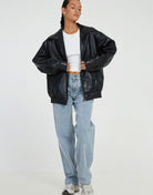 Women's Oversized Faux Leather Bomber Jacket Zip-Up - Image 5
