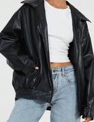 Women's Oversized Faux Leather Bomber Jacket Zip-Up - Image 7