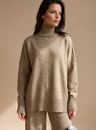 Women 2 Piece Knit Lounge Set Oversized Turtleneck Wide Leg - Image 2
