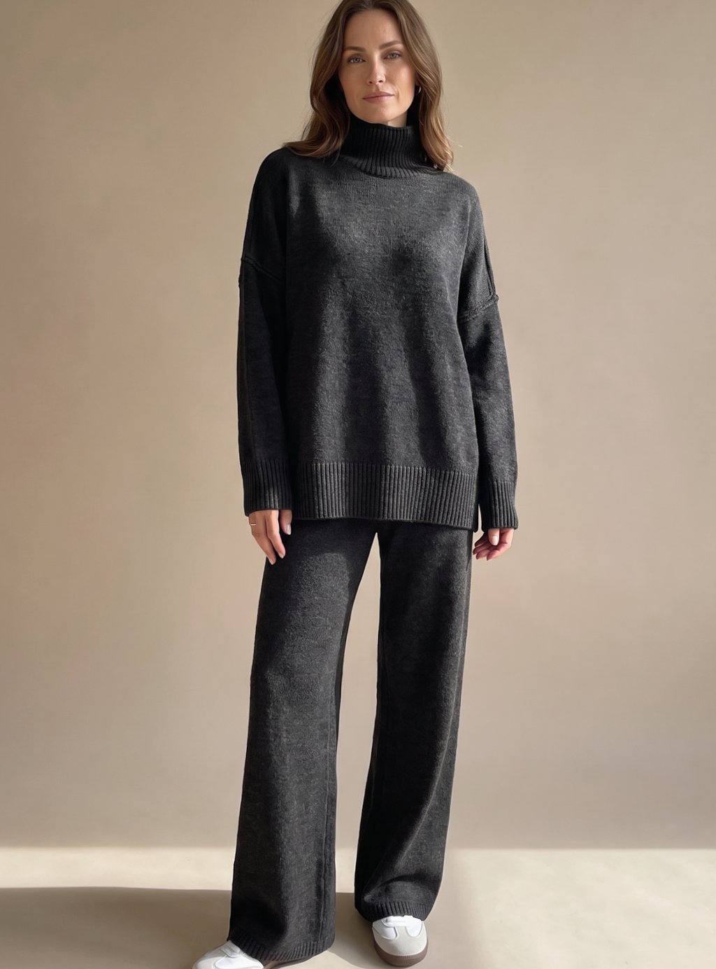 Women 2 Piece Knit Lounge Set Oversized Turtleneck Wide Leg - Image 10