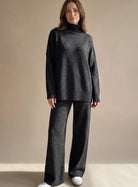 Women 2 Piece Knit Lounge Set Oversized Turtleneck Wide Leg - Image 10