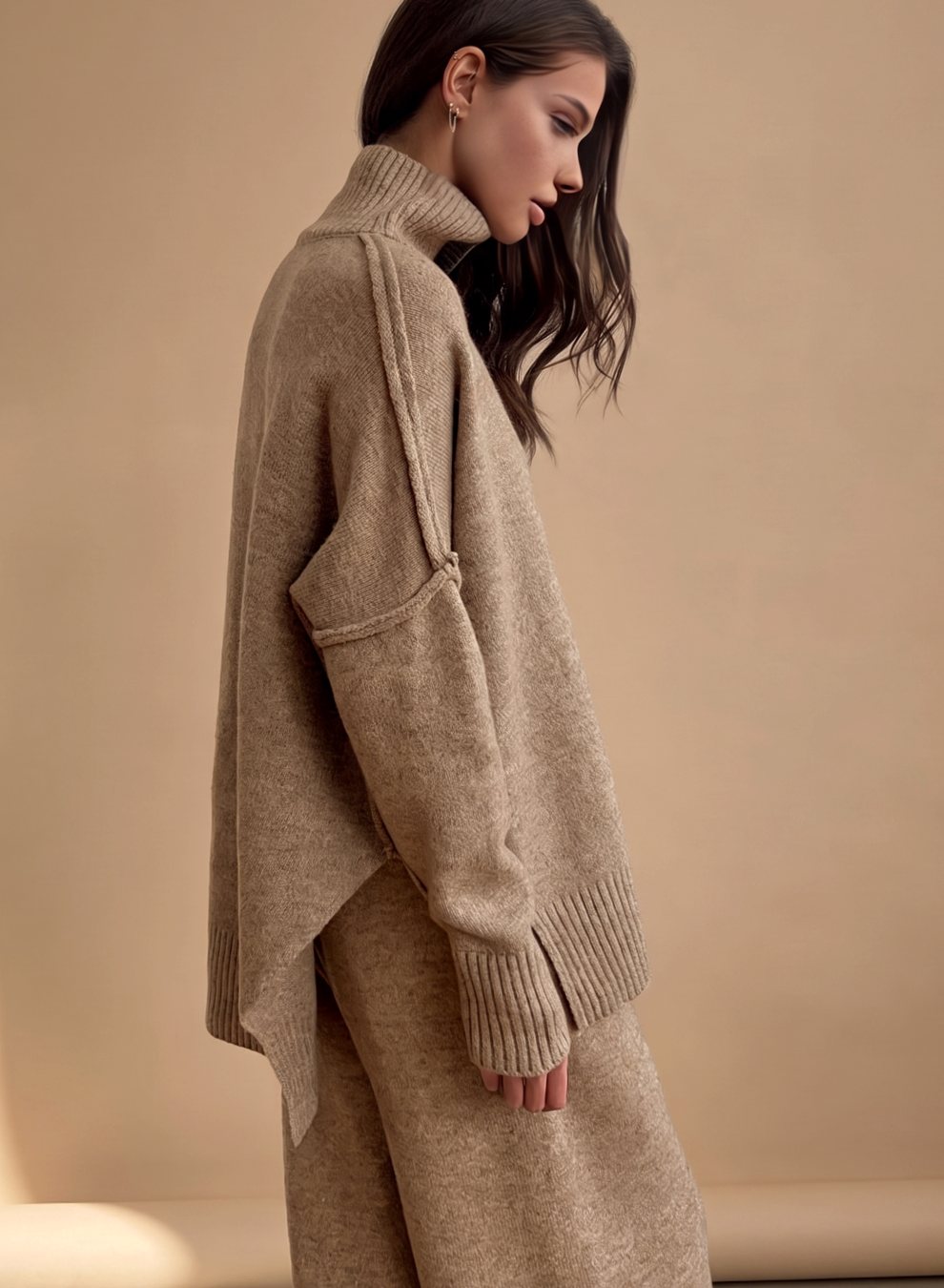 Women 2 Piece Knit Lounge Set Oversized Turtleneck Wide Leg