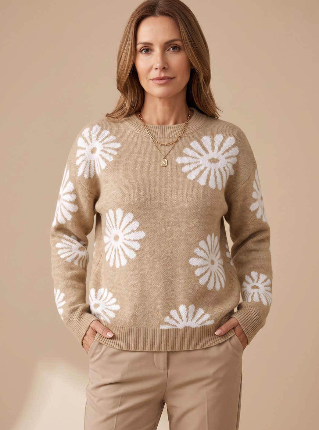 Women Floral Intarsia Knit Crewneck Sweater Relaxed Fit