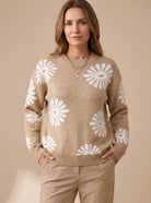 Women Floral Intarsia Knit Crewneck Sweater Relaxed Fit