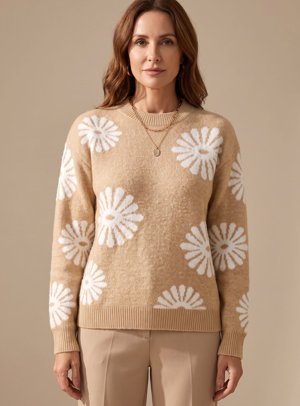 Women Floral Intarsia Knit Crewneck Sweater Relaxed Fit - Image 3