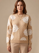 Women Floral Intarsia Knit Crewneck Sweater Relaxed Fit - Image 3