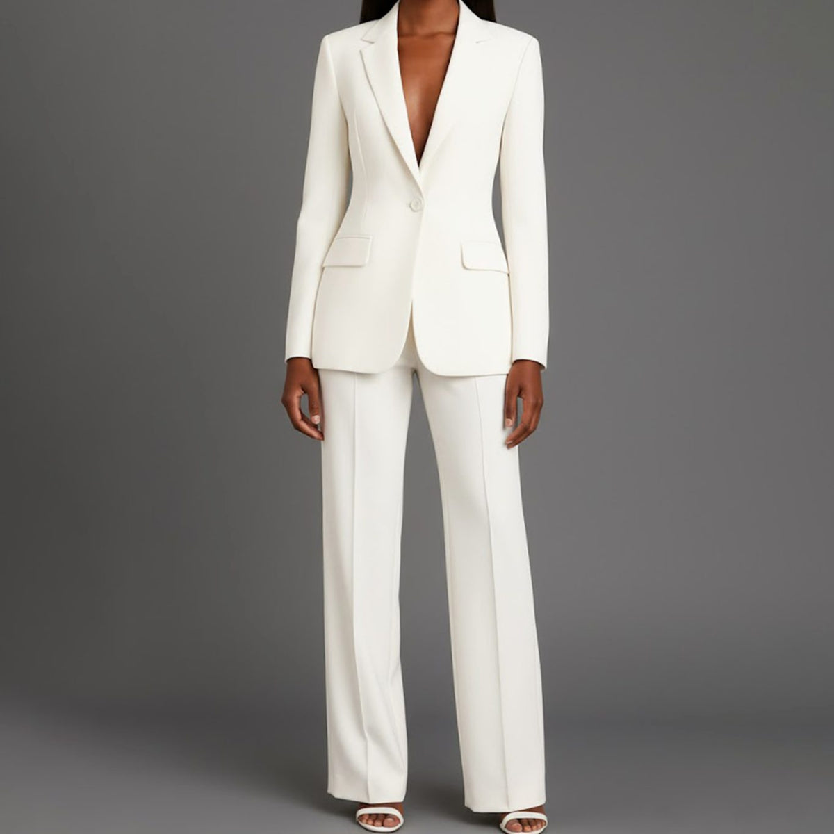 Women Tailored Single Button Blazer Wide Leg Pant Suit Set