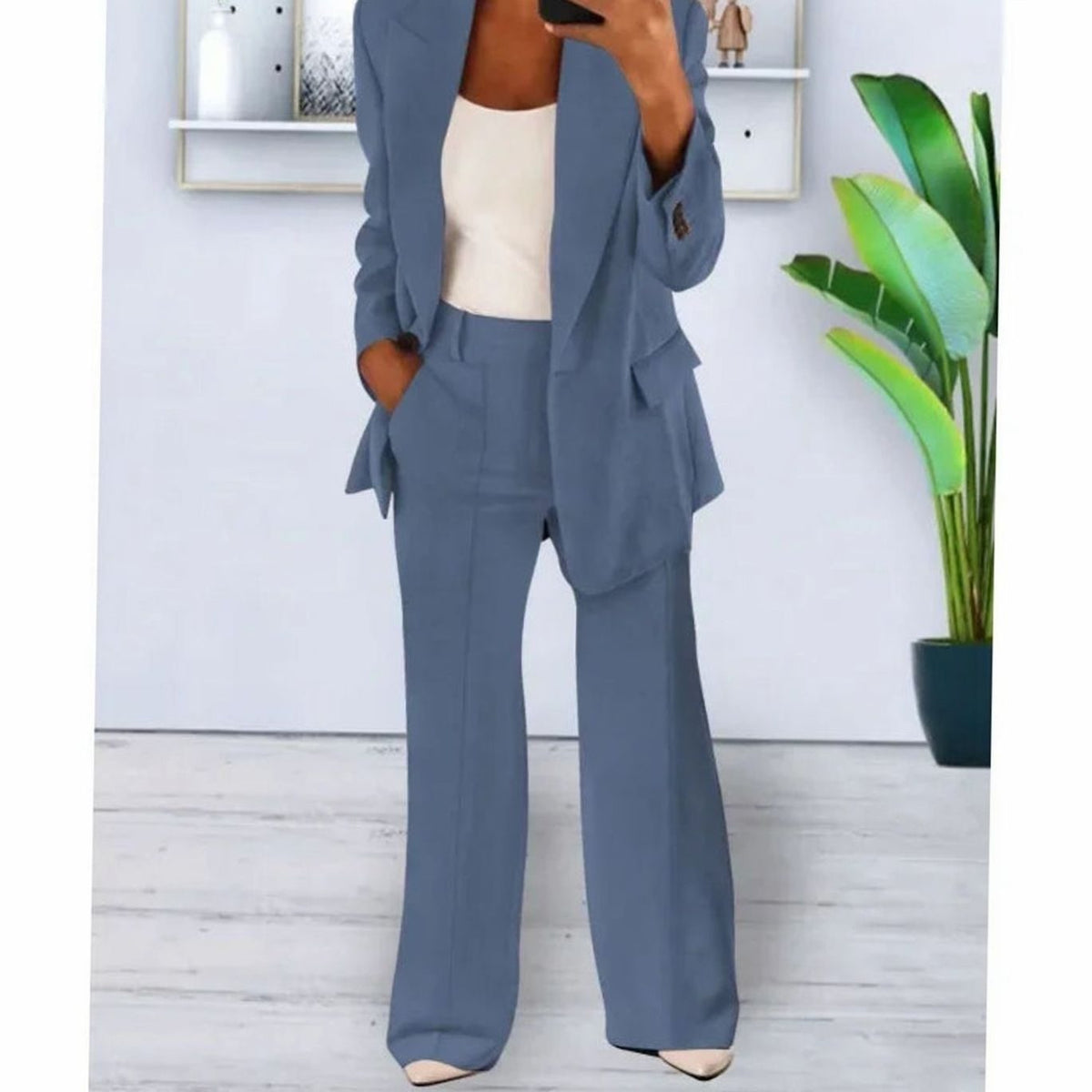 Women Tailored Two-Piece Blazer Wide-Leg Pants Suit Set - Image 3