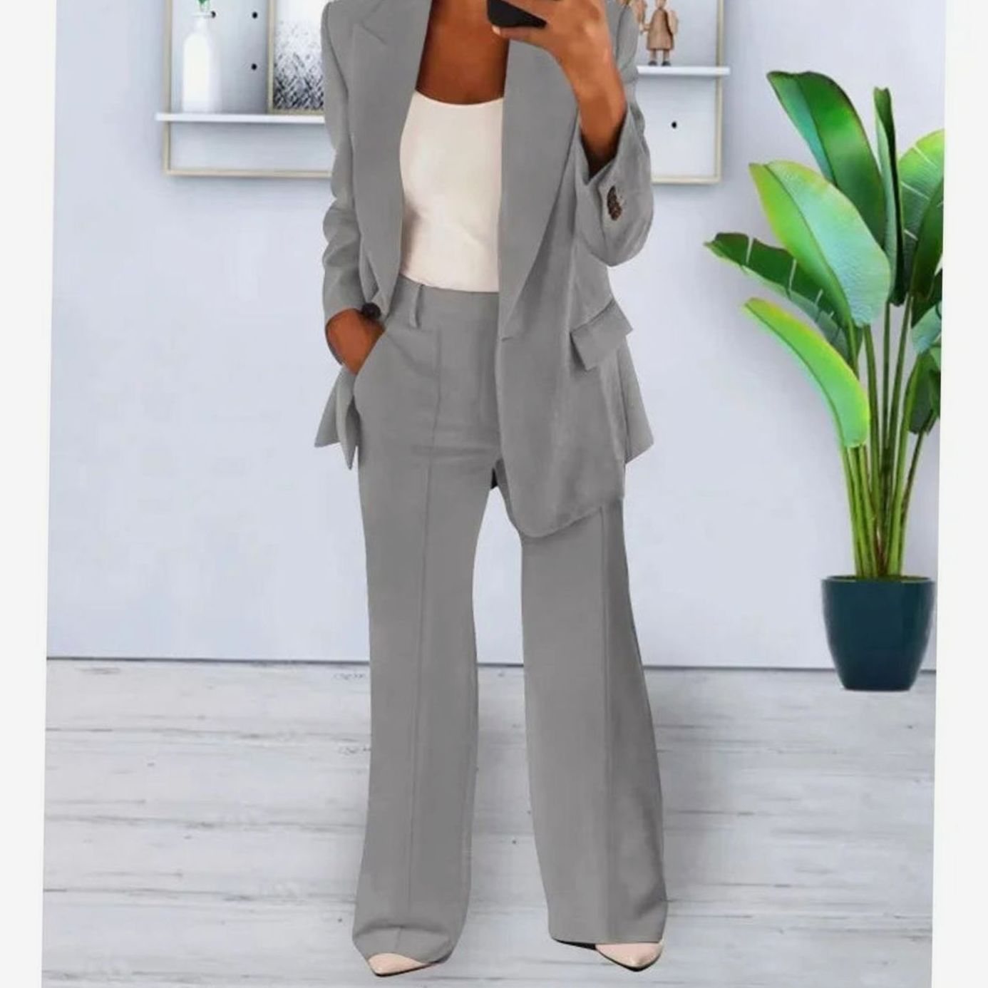 Women Tailored Two-Piece Blazer Wide-Leg Pants Suit Set - Image 6