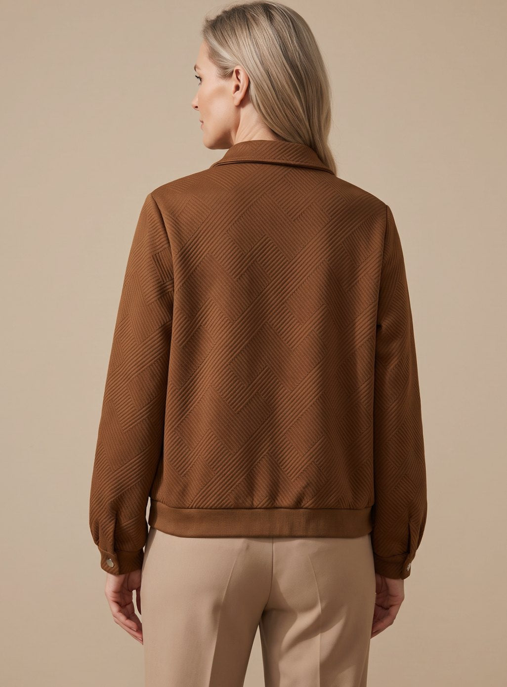 Women Textured Bomber Jacket Zip-Up Long Sleeve Chest Pockets - Image 2