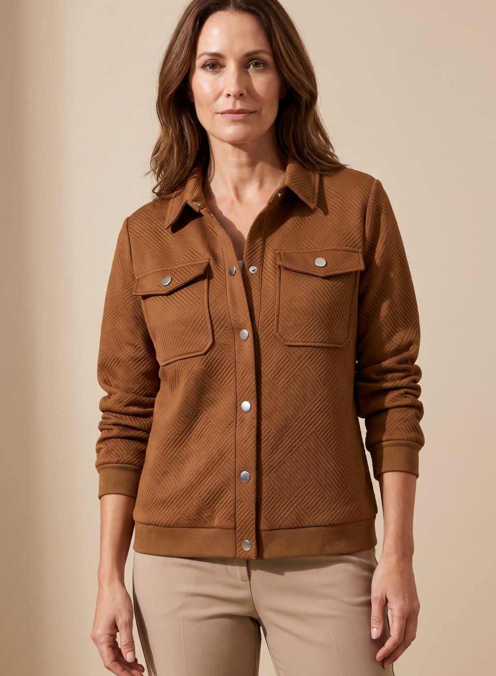 Women Textured Bomber Jacket Zip-Up Long Sleeve Chest Pockets - Image 3