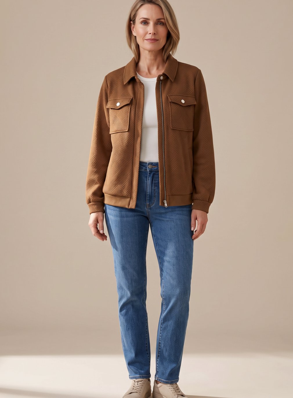Women Textured Bomber Jacket Zip-Up Long Sleeve Chest Pockets - Image 4