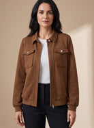 Women Textured Bomber Jacket Zip-Up Long Sleeve Chest Pockets - Image 5