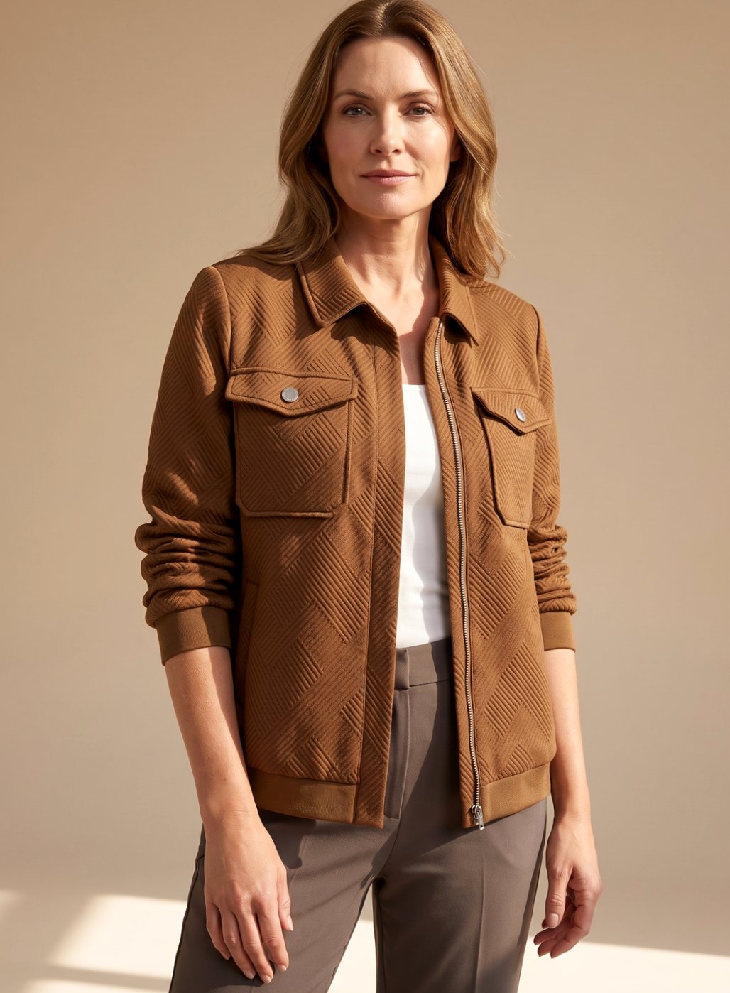 Women Textured Bomber Jacket Zip-Up Long Sleeve Chest Pockets - Image 6