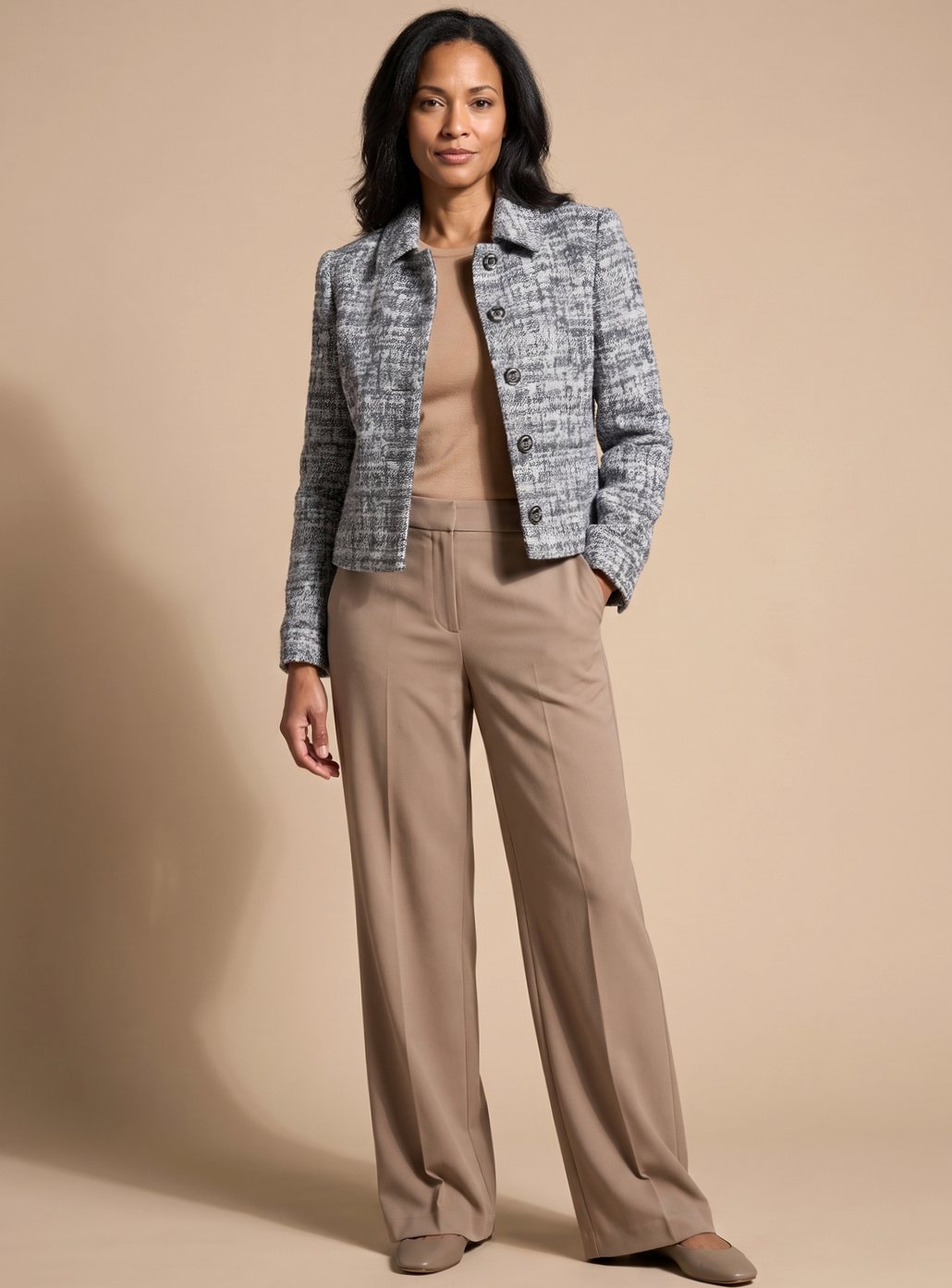 Women's Tweed Two Piece Blazer Set Wide Leg Cropped Pants - Image 2