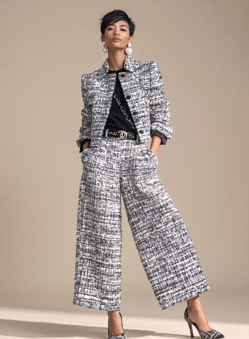 Women's Tweed Two Piece Blazer Set Wide Leg Cropped Pants