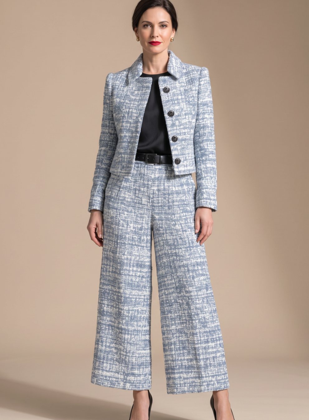 Women's Tweed Two Piece Blazer Set Wide Leg Cropped Pants - Image 3