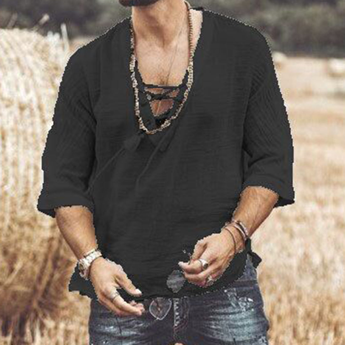 Men's Cotton Loose Fit Lace-Up Summer Shirt - Image 7