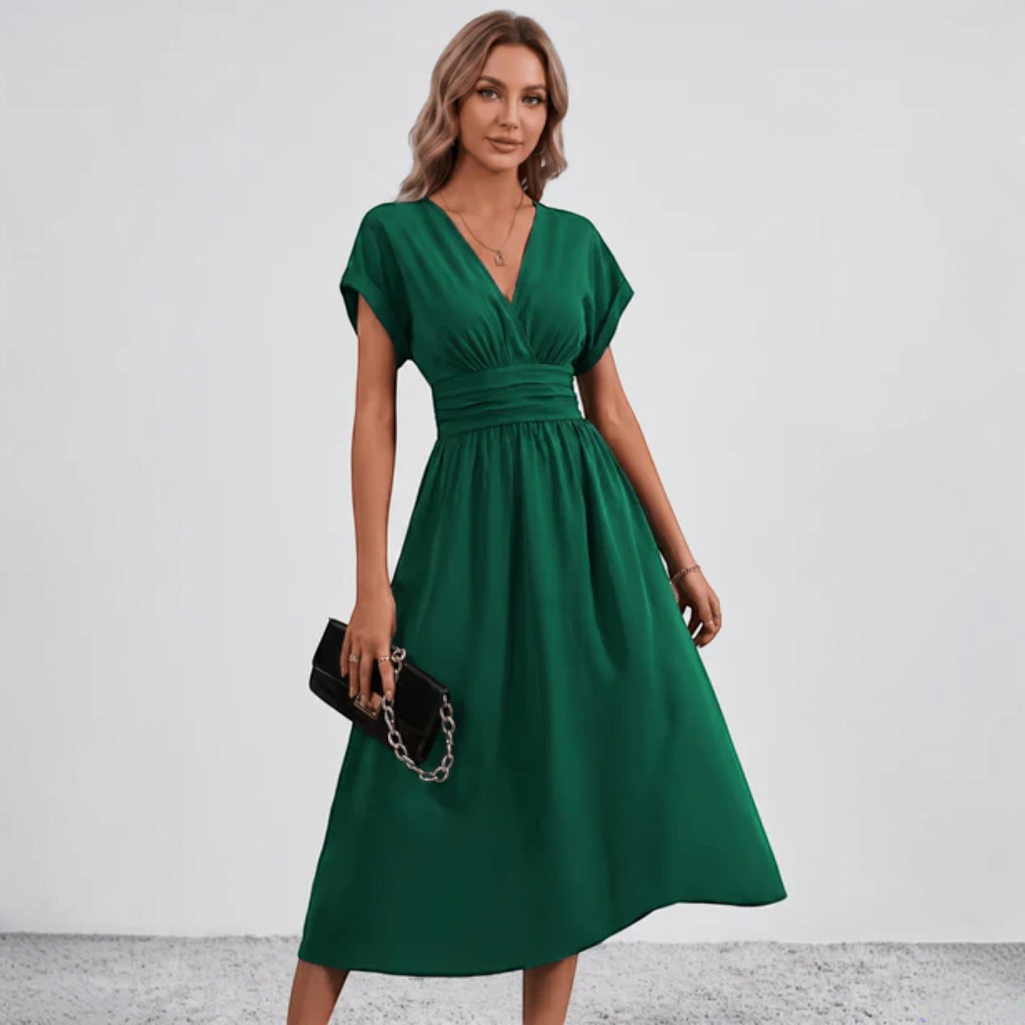 Women Flowy Midi Dress Deep V Ruched Waist Wedding Guest - Image 2