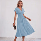 Women Flowy Midi Dress Deep V Ruched Waist Wedding Guest - Image 11