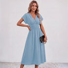 Women Flowy Midi Dress Deep V Ruched Waist Wedding Guest - Image 12