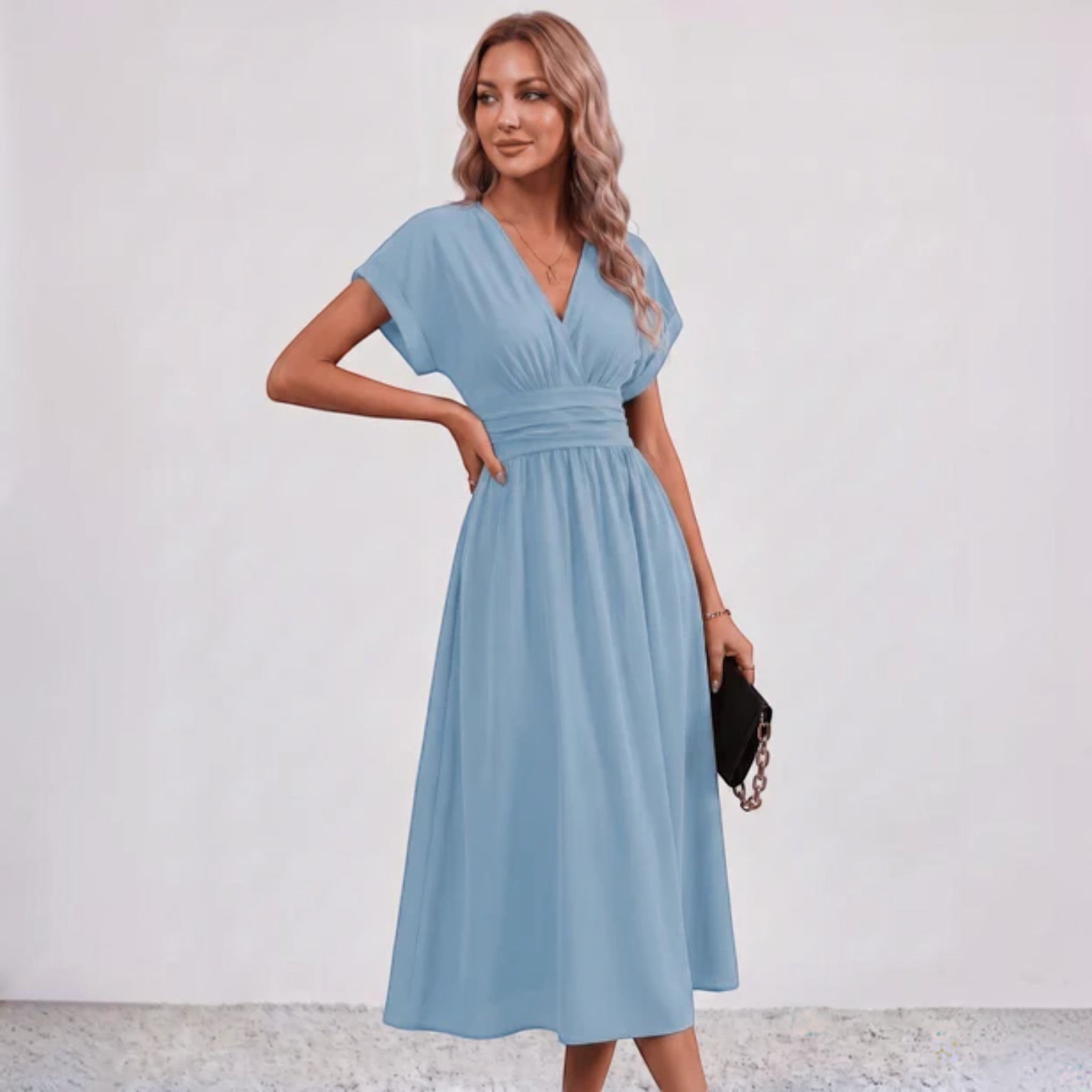 Women Flowy Midi Dress Deep V Ruched Waist Wedding Guest - Image 14