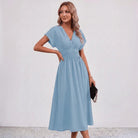Women Flowy Midi Dress Deep V Ruched Waist Wedding Guest - Image 14