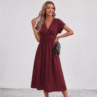 Women Flowy Midi Dress Deep V Ruched Waist Wedding Guest - Image 17
