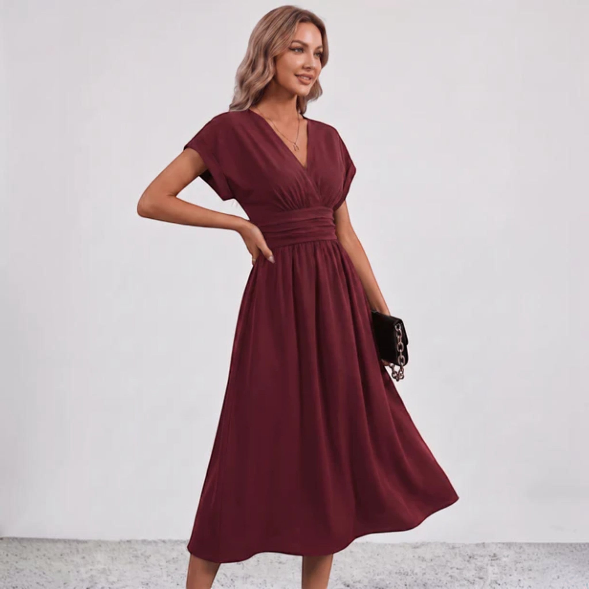 Women Flowy Midi Dress Deep V Ruched Waist Wedding Guest - Image 18