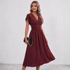 Women Flowy Midi Dress Deep V Ruched Waist Wedding Guest - Image 19