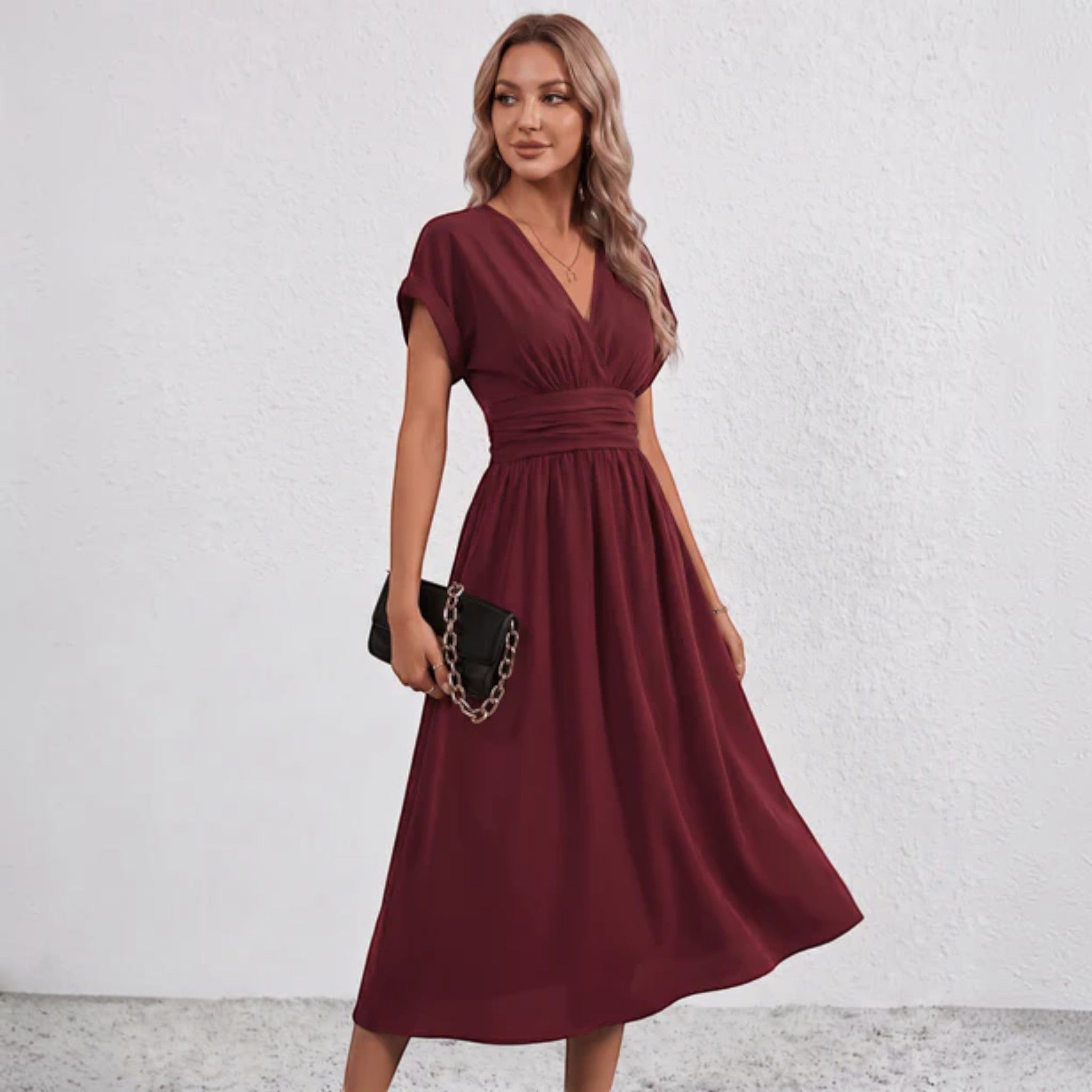 Women Flowy Midi Dress Deep V Ruched Waist Wedding Guest - Image 19
