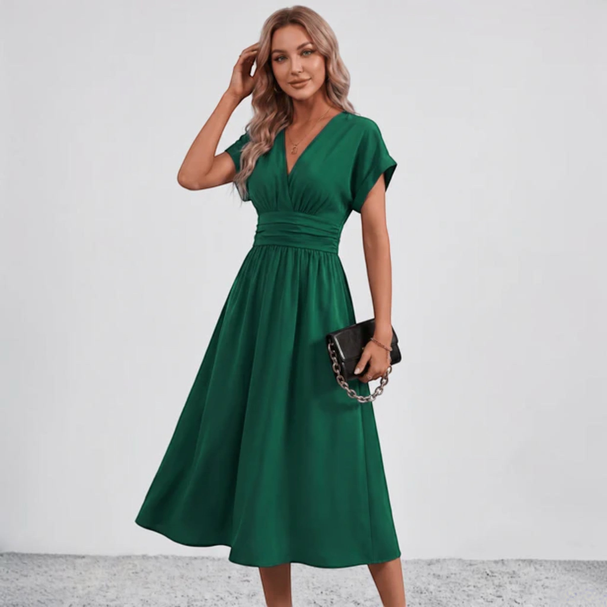 Women Flowy Midi Dress Deep V Ruched Waist Wedding Guest - Image 3