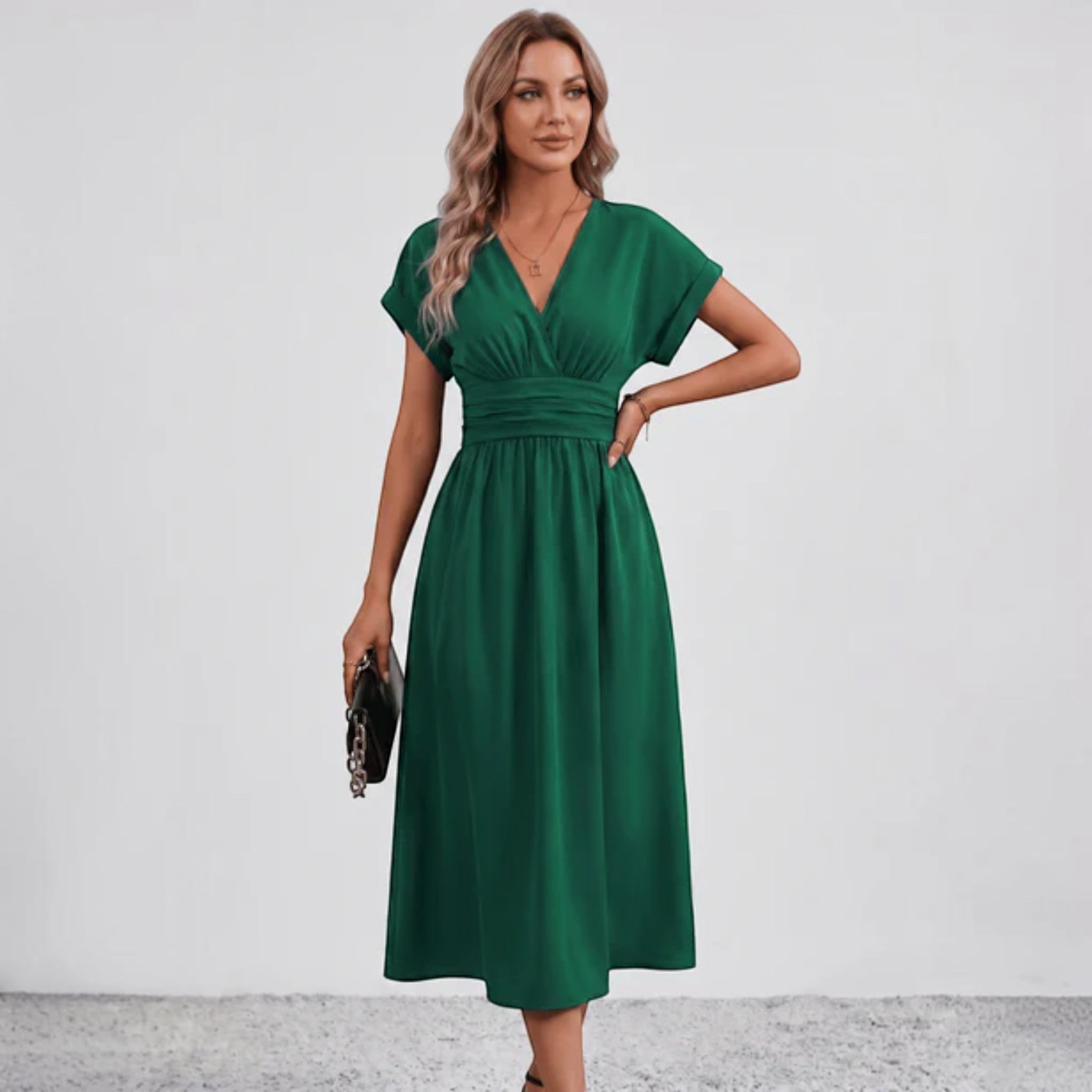 Women Flowy Midi Dress Deep V Ruched Waist Wedding Guest